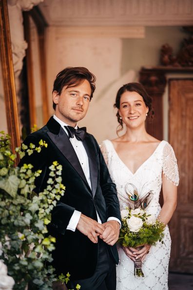 <p>During his winter black-tie wedding, Jeroen opted for a luxurious velvet tuxedo with peak lapels and a pleated shirt with studs.</p>